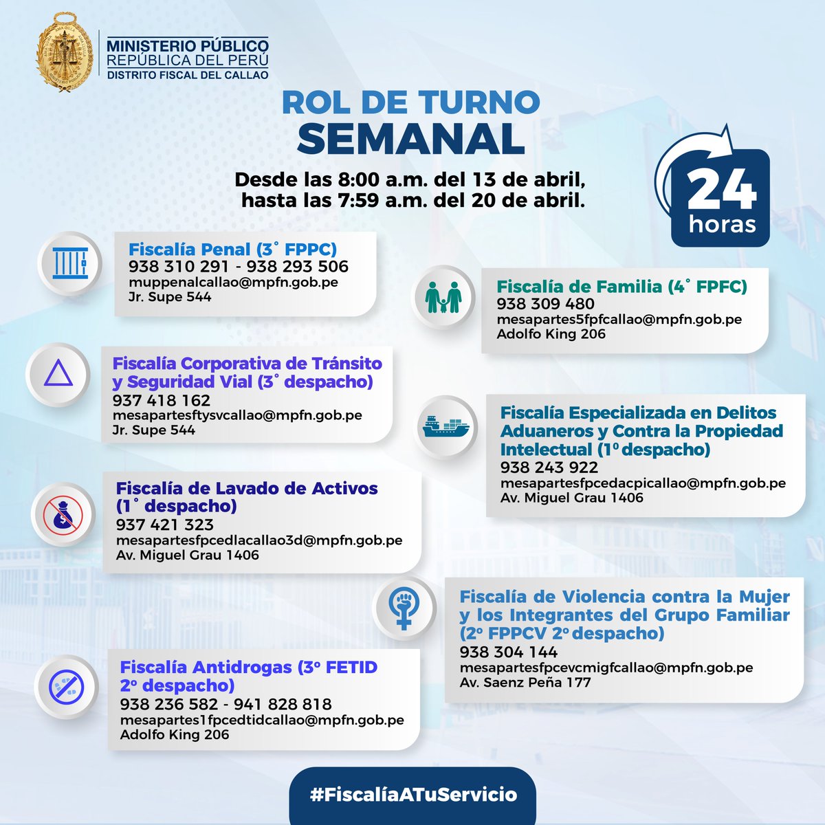 FiscaliaCallao's tweet photo. #FiscalíaCallaoATuServicio|📷📷El Distrito Fiscal del Callao pone a su disposición los datos de las fiscalías de turno para la semana del 13 al 20 de abril de 2026. https://t.co/0kskFNUxfV