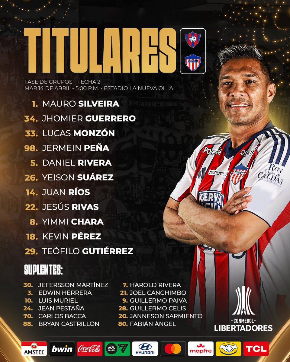SomosVsSports's tweet image. Confirmados los equipos ✅

#CerroPorteño y #Junior con formaciones listas para el duelo en La Nueva Olla. 

🏆#Libertadores2026 | 📆#Fecha2 | ⏰19:00