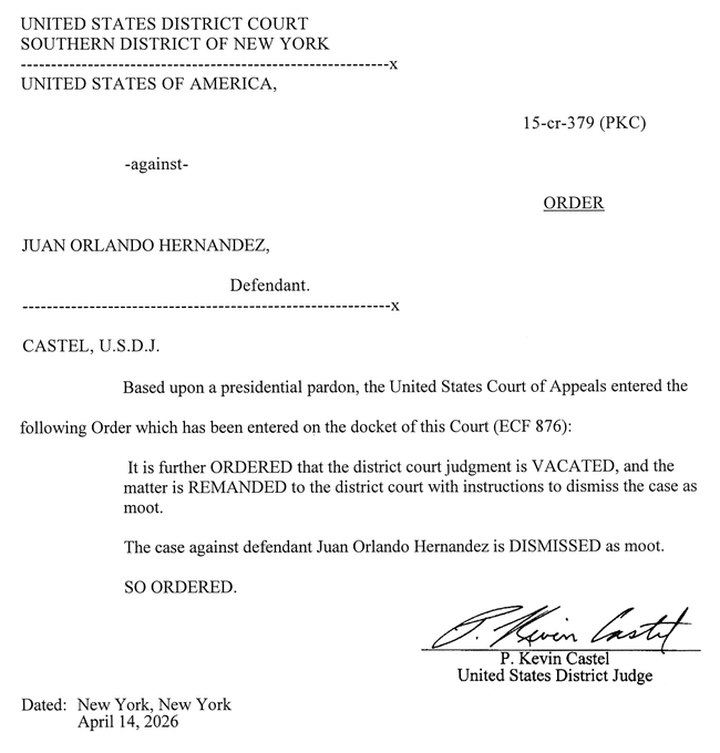 Basado en el indulto de Trump para veneficio de JOH el juez Kevin Castel desestimó la condena de 45 años antes impuesta.