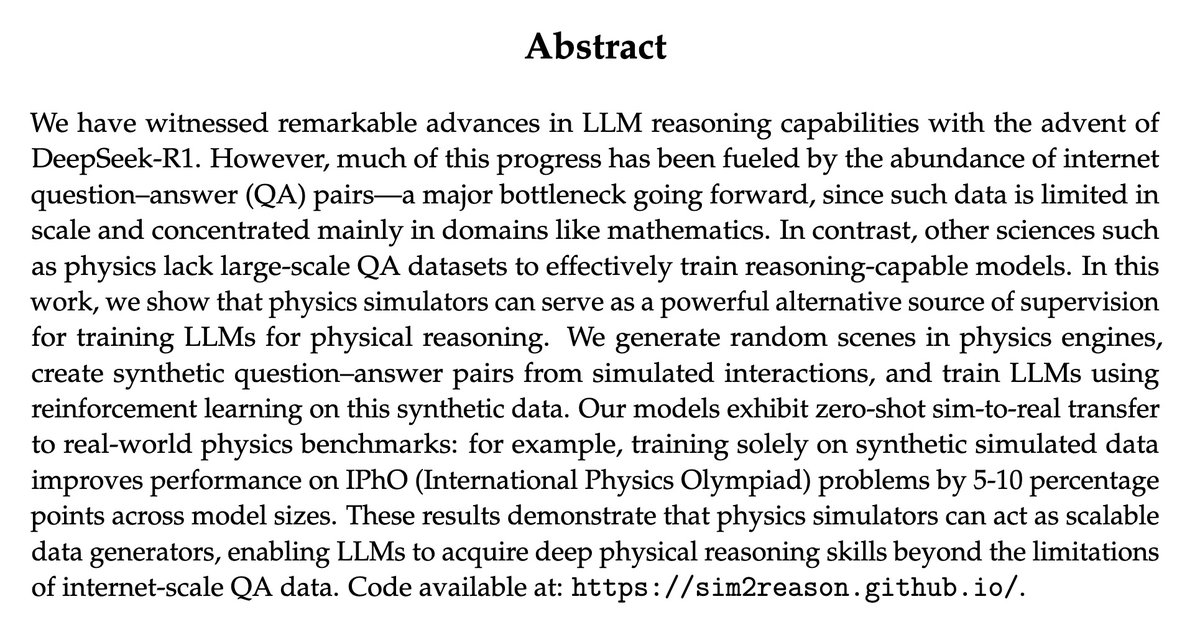 fly51fly's tweet image. [LG] Solving Physics Olympiad via Reinforcement Learning on Physics Simulators
M Prabhudesai, A Satpathy, Y Li, Z Qin… [CMU &amp;amp; Lambda] (2026)
arxiv.org/abs/2604.11805