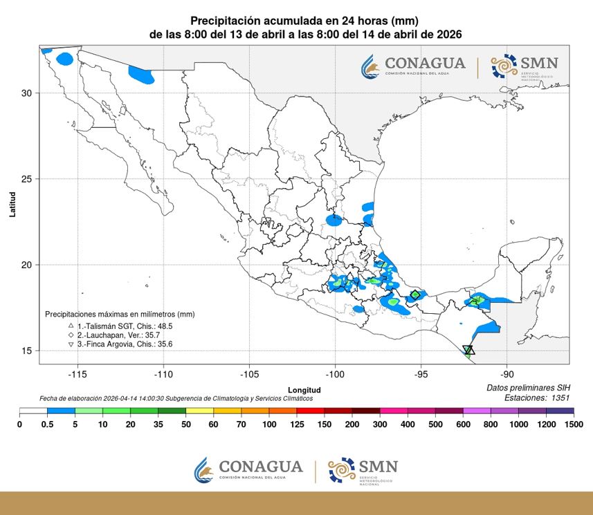 conagua_clima's tweet image. Los mayores acumulados de #Lluvia en 24 horas, se observaron en regiones de #Chiapas y #Veracruz. Los registros diarios de #Temperaturas mínimas y máximas, también los puedes consultar aquí  ⬇️
smn.conagua.gob.mx/es/climatologi…