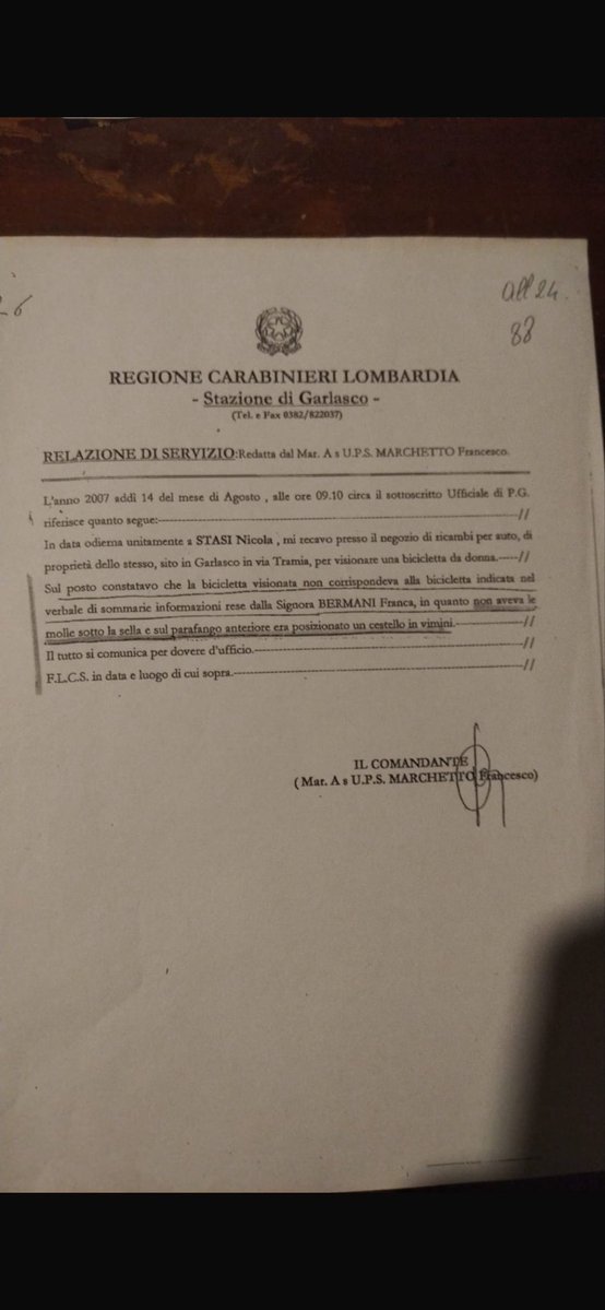 florindambrogio's tweet image. E niente, ob torto collo, torniamo a parlare di quella bicicletta nera da donna che #Marchetto vide nel capannone del sig #Stasi Nicola.

Carta canta con una Relazione di Servizio