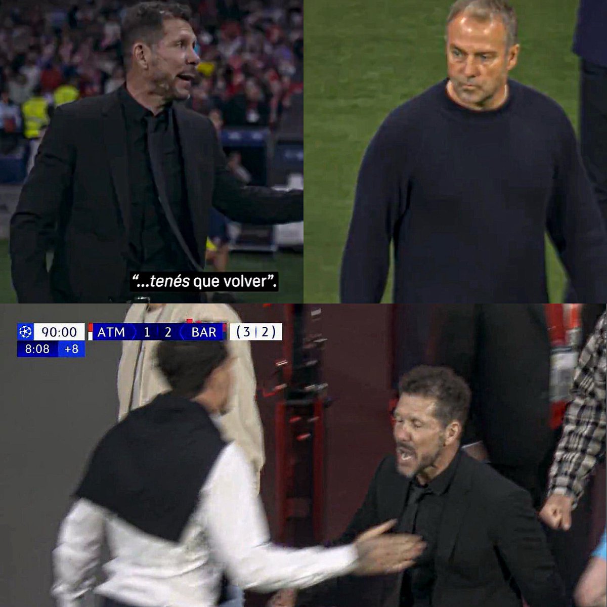 Hace un par de semanas, tras perder vs Barcelona, Cholo Simeone le hizo una advertencia a Flick. "TENÉS QUE VOLVER" le dijo al final del partido. 

Se refería a la serie de Champions, que acaba de ganar el Atleti. 

El Barça volvió, se llevó la posesión, la victoria en el
