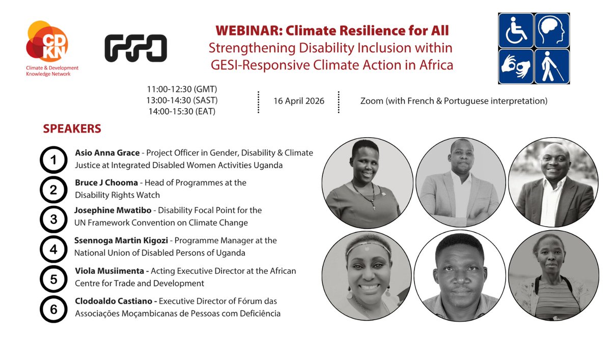 actade's tweet photo. WEBINAR: Join us in this @cdknetwork hosted webinar, theme: “Strengthening Disability Inclusion within GESI-Responsive Climate Action in Africa.

📅Thursday 𝟏𝟔 𝐀𝐩𝐫𝐢𝐥 2026
⏲️11:00-12:30 (GMT), 13:00-14:30 (SAST), 14:00-15:30 (EAT)
 🔗Register here: https://t.co/TKolLhee6R https://t.co/urAdDydJJT