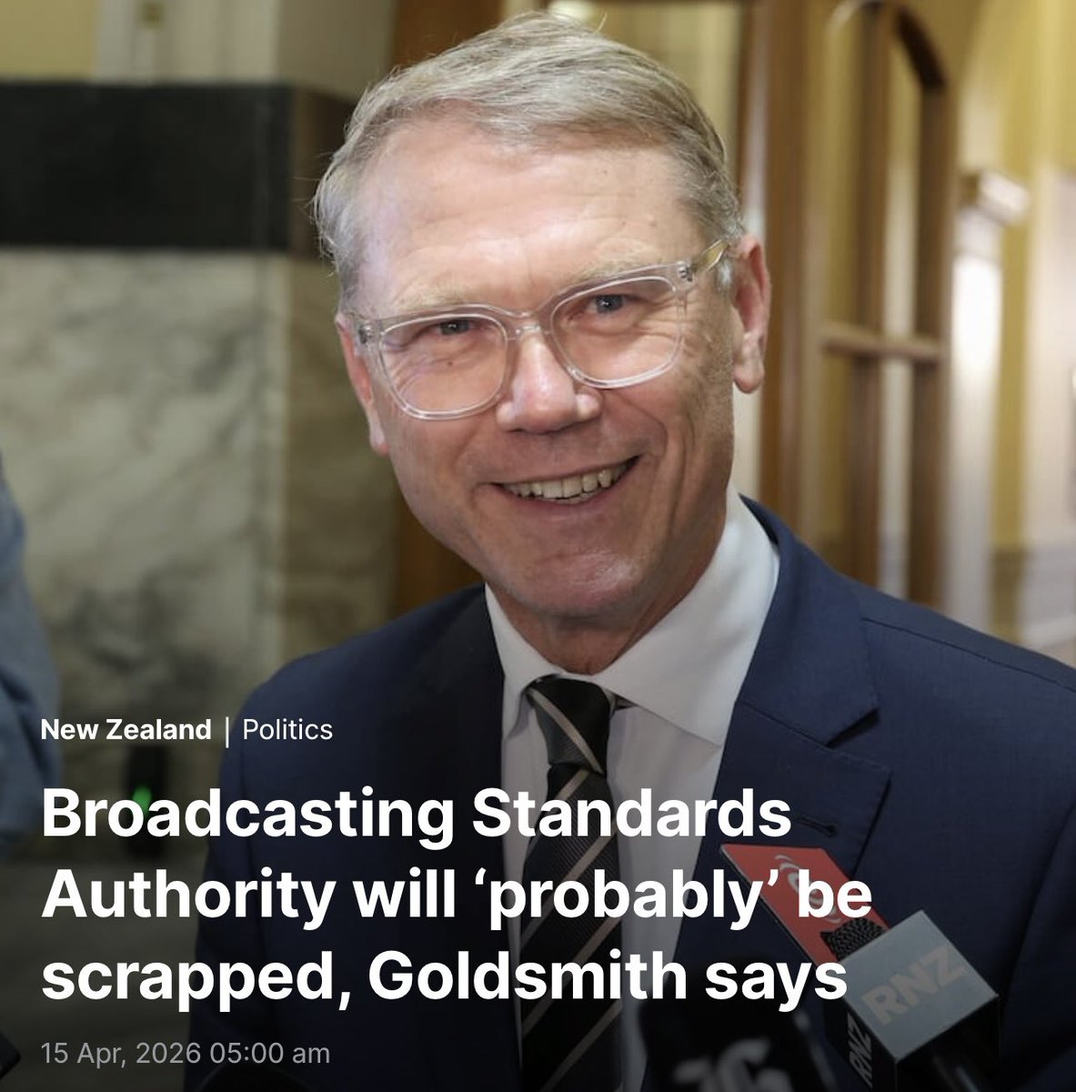 NakiEthan's tweet photo. The strongest indication yet that the Broadcasting Standards Authority won’t survive. 

Paul Goldsmith says he’ll “probably” scrap it, as it’s the tidiest solution. 

Story below ⬇️ https://t.co/3TZIjvD1u9