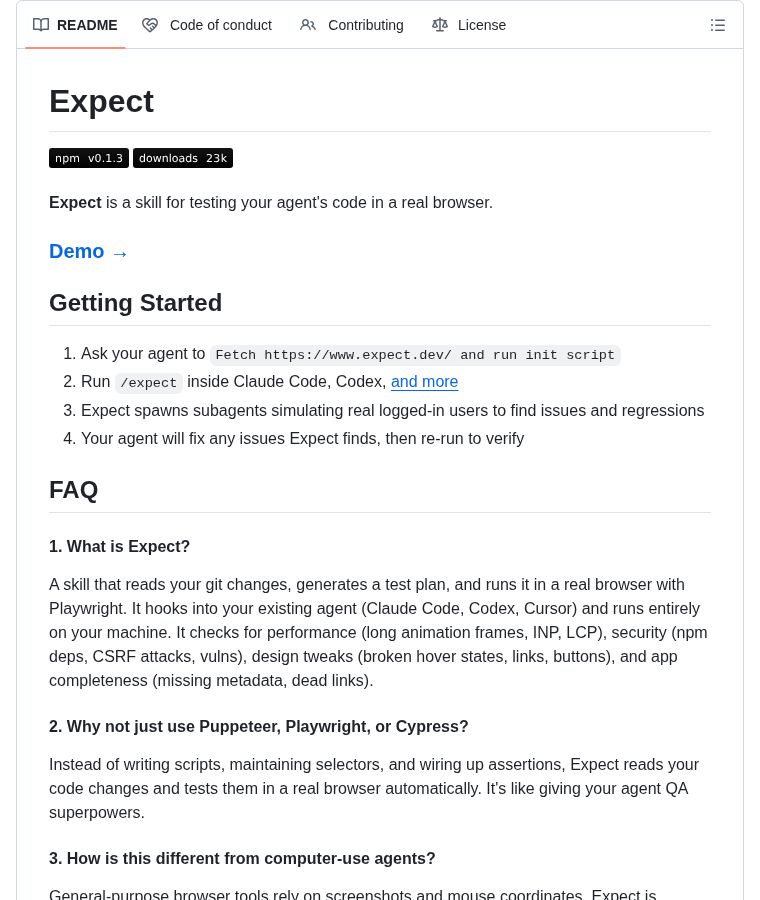 chenzeling4's tweet image. 🧪

Reads your git changes, generates a test plan, and runs it with Playwright against a real browser. Checks performance, security, broken UI, and missing features. Works with Claude Code, Codex, Cursor, and CI pipelines.

⭐ 3.3K
#AI #Testing #OpenSource