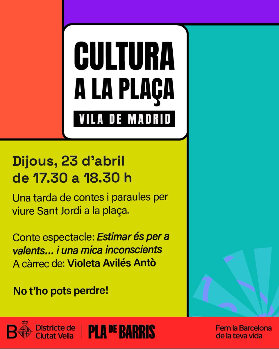 XVeinal's tweet photo. A la Plaça Vila de Madrid, dins la iniciativa cultural que vam impulsar, comptarem novament amb la Violeta i el seu espectacle "Estimar és per a valents...i una mica inconscients".
📅 23 d'abril, Sant Jordi 
📌 Plaça Vila de Madrid 
⏰ 17.30 h
No t'ho perdis 😊 https://t.co/MQV3tsSLdz
