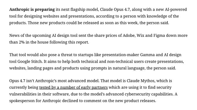 Anthropic va a lanzar Opus 4.7 en breve

Y, aprovechando, va directo al cuello de Lovable, Gamma, Google Stitch, Replit, Manus, y todo el que ofrezca hacer apps, presentaciones y websites con 1 solo prompt.

Es una guerra sin cuartel.