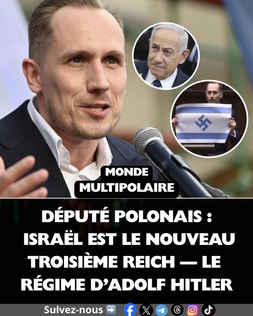 MMultipolaire's tweet image. 🚨⚡️ #Urgent | 🇮🇱🇵🇱 Le député polonais Konrad Berkowicz a affiché un drapeau israélien modifié au parlement, arborant une swastika, en déclarant : « Israël est un nouveau Troisième Reich et c’est ainsi que son drapeau devrait être. Je condamne votre génocide à travers toute la