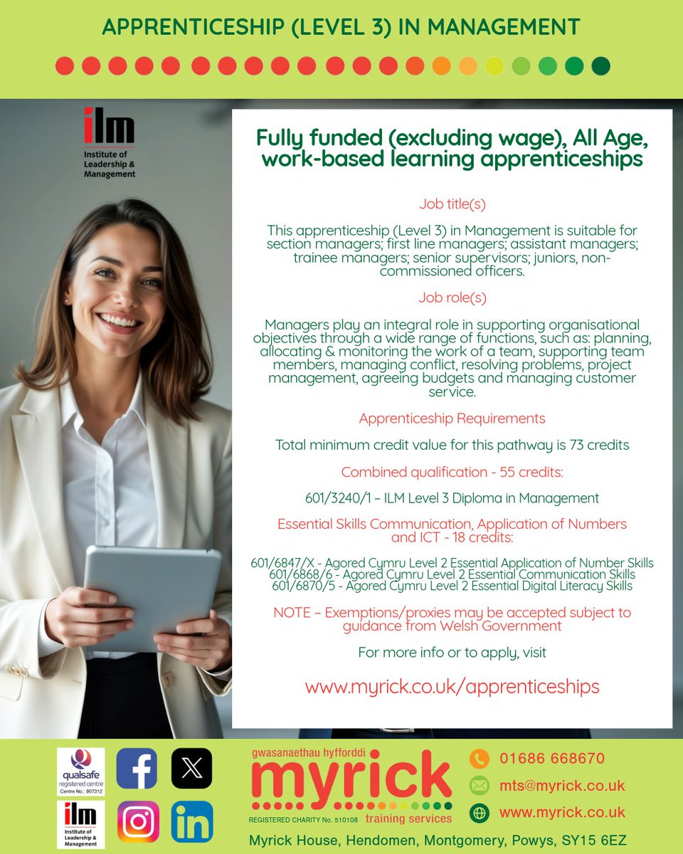 myrick_training's tweet image. Level 3 Management Apprenticeship: First-line managers - this fully funded opportunity is for you! Learn team management, conflict resolution and budgeting while you work. 73 credits total.

myrick.co.uk/apprenticeships

#CareerDevelopment
