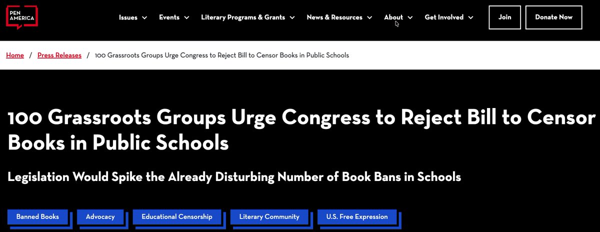 infodocket's tweet image. 100 Grassroots Groups Urge Congress to Reject Bill to Censor #Books in Public #Schools (via @PENamerica) pen.org/press-release/… #libraries #legislation #censorship