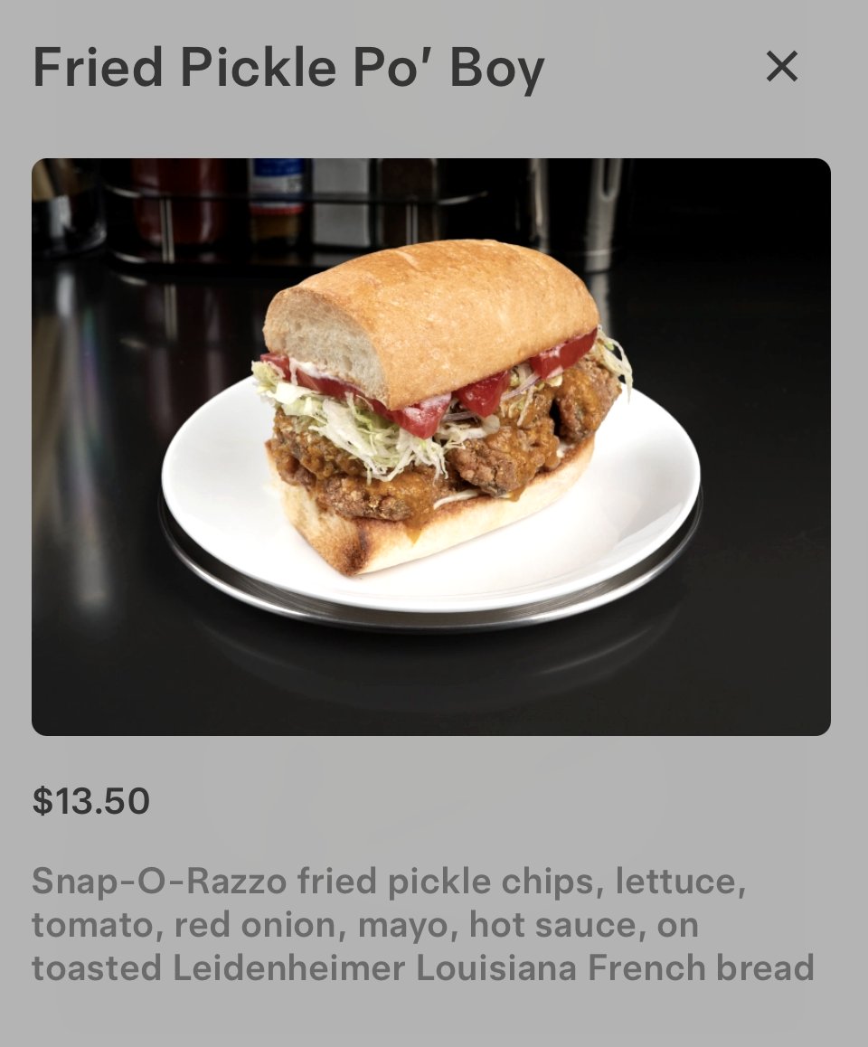 SawyerMerritt's tweet photo. Tesla has introduced a new "Fried Pickle Po' Boy" sandwich at the Tesla Diner for $13.50

"Snap-O-Razzo fried pickle chips, lettuce, tomato, red onion, mayo, hot sauce, on toasted Leidenheimer Louisiana French bread."

They've also now listed the $125 Espresso Set: White porcelain made in Portugal. Holds 2oz.