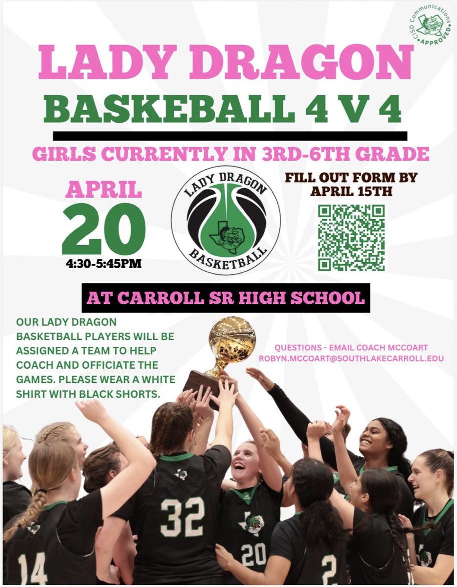 LadyDragonBKB's tweet photo. 💚🏀🖤Register now for Lady Dragon Basketball 4V4 — a fun time for current 3rd-6th graders!  Current Lady Dragon players will help coach &amp; officiate!  Next Monday, April 20th —4:30-5:45pm!💚🏀🖤 https://t.co/3bTcIPdPAk