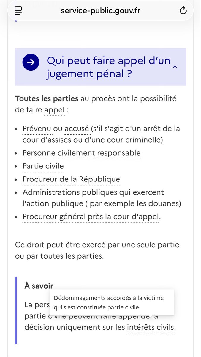 vldsr's tweet photo. @Maitre_Eolas @chiffonniere Sur le site service-public, je comprends que la partie civile ne peut faire appel que des impacts civils de la décision pénale non? Mais c’est peut être plus subtil? https://t.co/Z7MbXAx0Vb