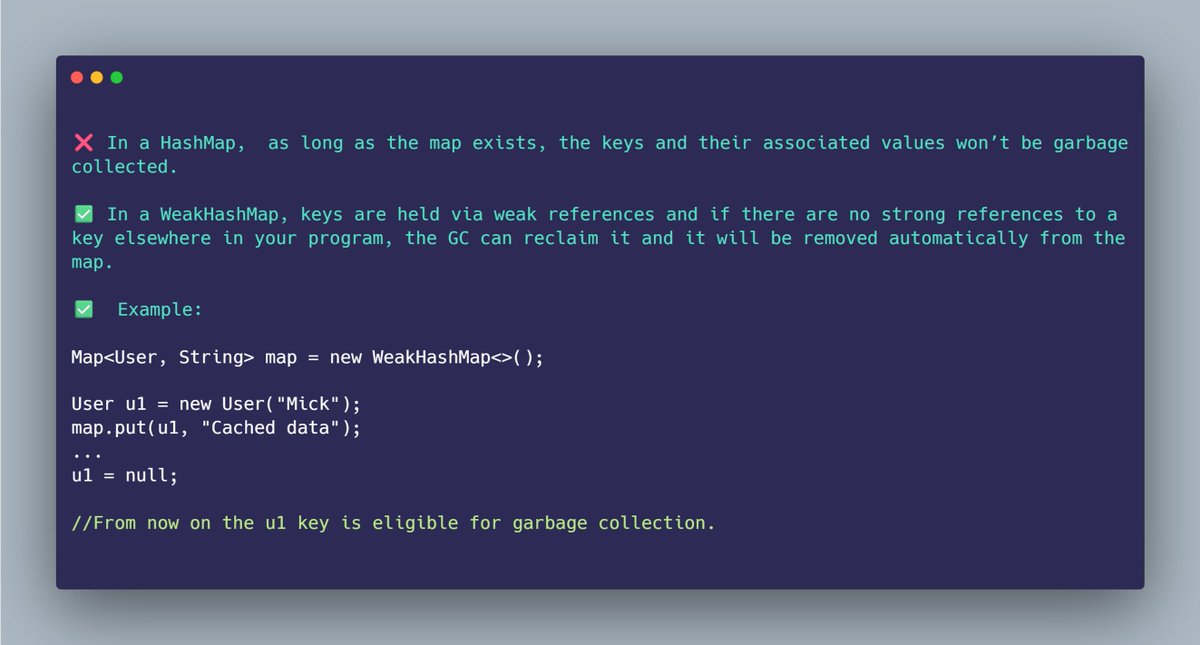 mario_casari's tweet image. 💡Java: Use WeakHashMap for caching when the   unreferenced keys should be garbage-collected. 
 #Java #JavaDev