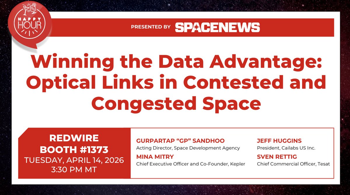 Redwire's tweet image. It's time to get happy. 
(Happy hour, that is.) 🍺 

Swing by booth #1373 at #SpaceSymposium for a beer + a tech talk hosted by @SpaceNews_Inc