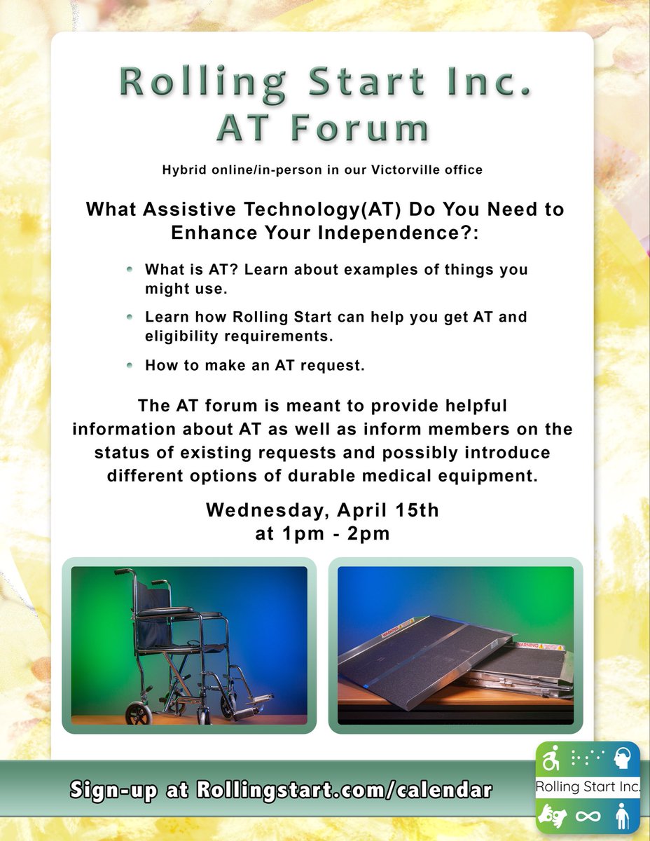 RollingStartInc's tweet image. ✨ Assistive Technology (AT) Forum ✨

Learn how AT supports independence, daily living &amp;amp; how to request it.

📅 Wed, April 15 | 1–2 PM
📍 Hybrid (Victorville or online)
🔗 rollingstart.com/calendar

#AssistiveTechnology #AccessibleLiving #IndependentLiving #DisabilityResources