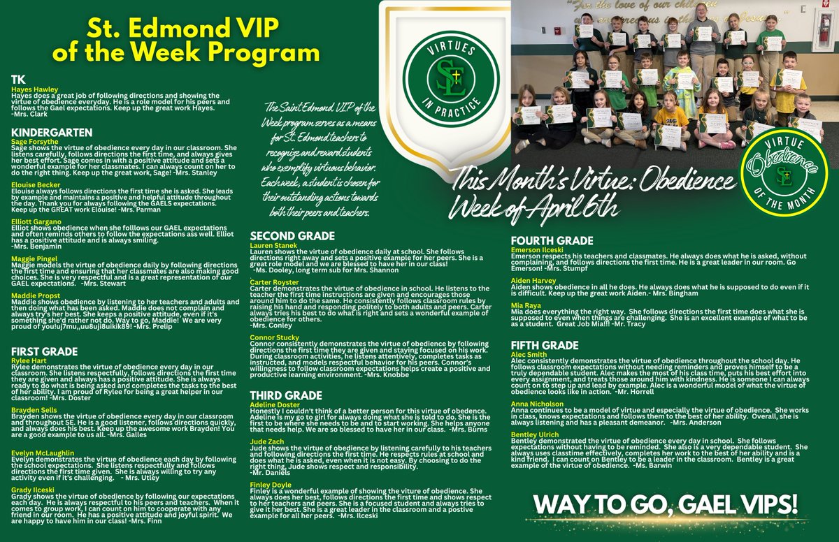 SEGaels's tweet photo. Congratulations, VIPs! | April 6th
Virtue of the Month: Obedience
#obedience #congratulations #stedmondcatholicschool https://t.co/VTwfFVNVy1
