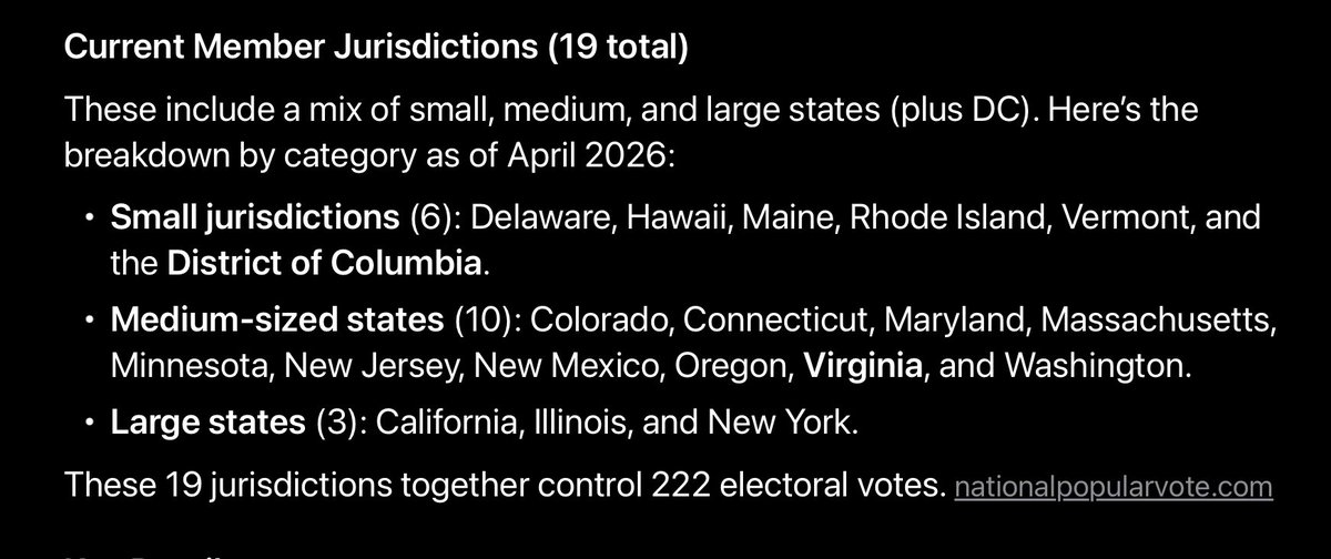 SteCK1878's tweet photo. @MJTruthUltra Virginia is the latest to do this. 18 others already already signed on the the NPVIC. (National popular vote interstate Compact).  What do you notice about the now 19 states taking part?  🤔 https://t.co/RVxP5lb0mW