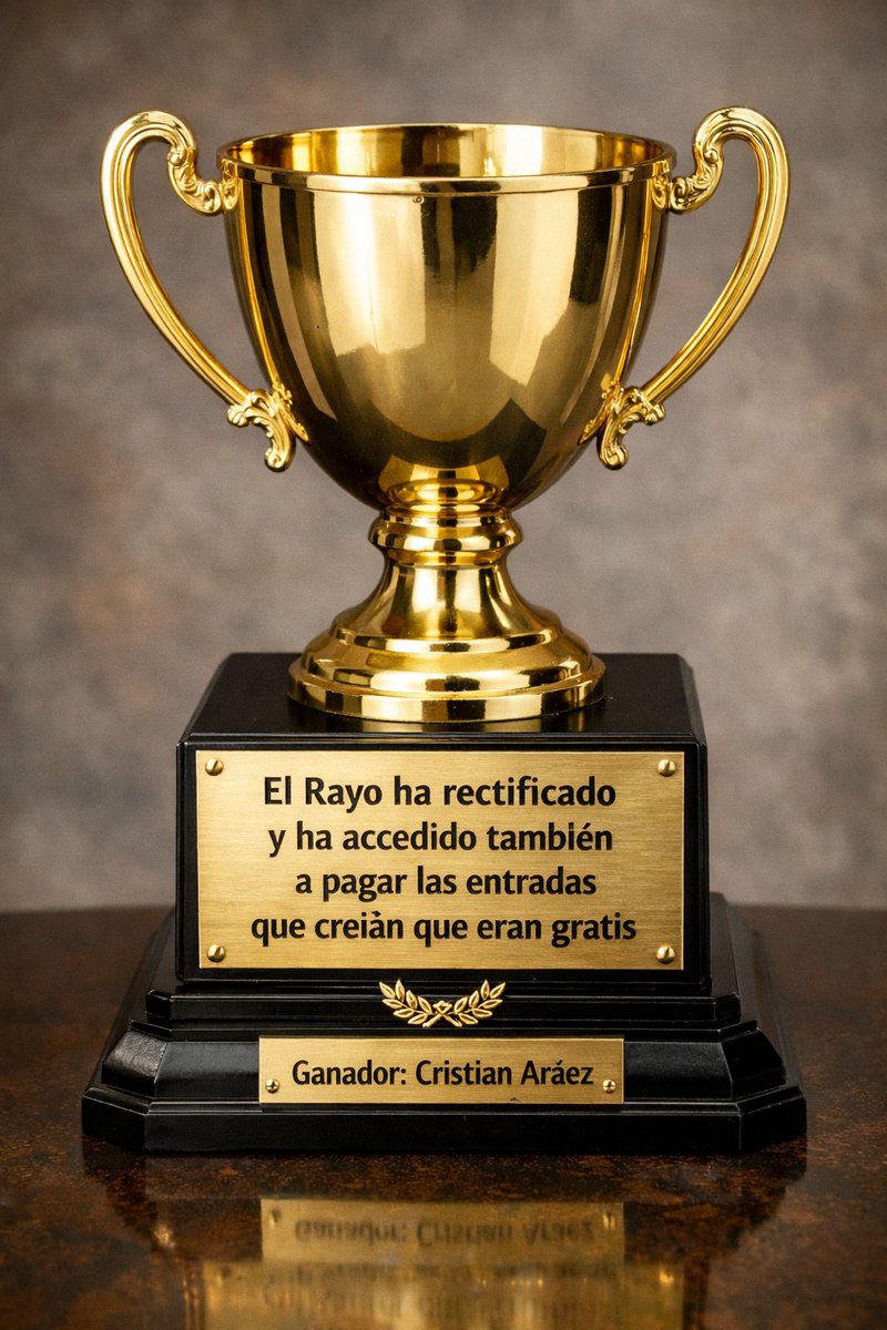 Minuto97Rayo's tweet photo. Buenas noches, @RMajadahonda.

Ya era hora de que, tras mucho esfuerzo, @CristianAraez24 ganase este relevante trofeo.

🏆 ¡Desde @Minuto97Rayo le damos la enhorabuena por el "I Trofeo El Rayo ha rectificado y ha accedido también a pagar las entradas que creían que eran gratis"! https://t.co/u6dRguIbOH