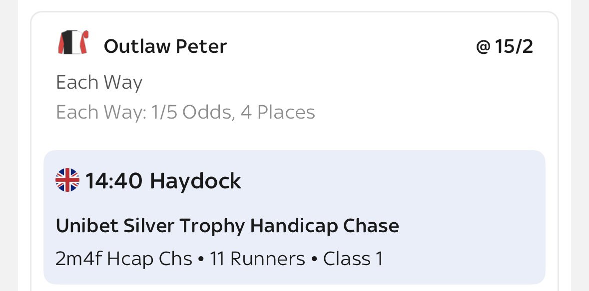 Corey__u123's tweet image. 🐎 14:40 Haydock  

Outlaw Peter (15/2) – EACH WAY  

✔️ Won over C&amp;amp;D last time  
✔️ Handles good/soft  
✔️ In form + strong yard  

Tough race but looks solid for a place with 4 paid 👀  

Tough race but E/W claims 🤞🏼

#HorseRacing #BettingTips #Each