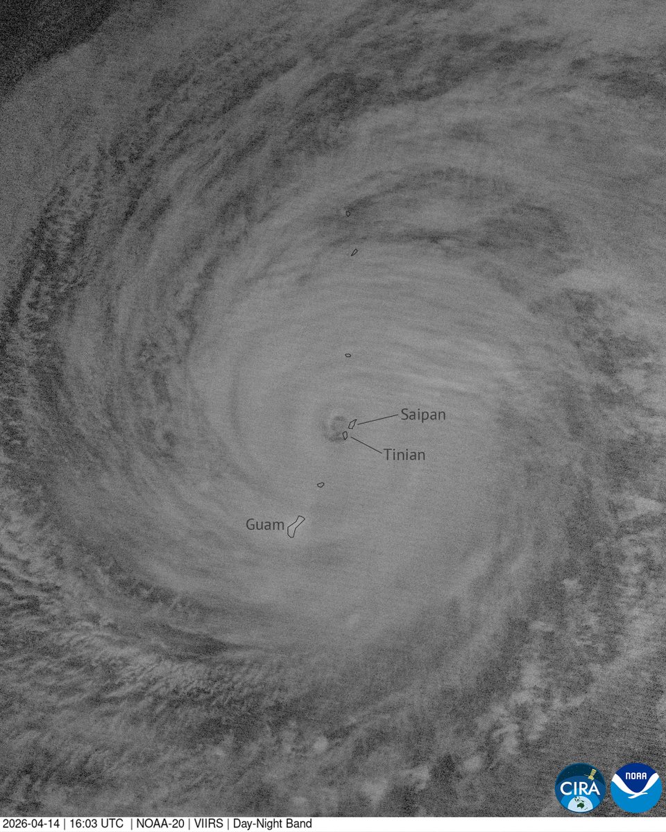 CIRA_CSU's tweet photo. The eye of Typhoon Sinlaku lashes Saipan and Tinian as it passed over the islands during the night, observed in this satellite imagery from NOAA-20. https://t.co/pKE0AbgoNH
