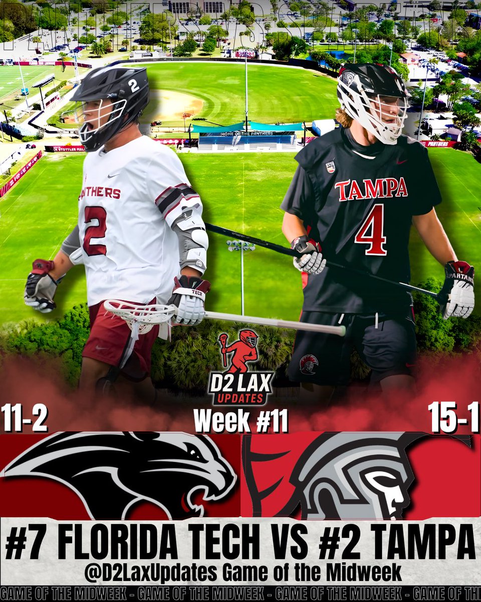 D2LaxUpdates's tweet photo. Here is our Game of the Midweek!
Our Game of the Midweek features #7 Florida Tech versus #2 Tampa on Wednesday April 14th at 7:30 EST.
#floridatech #tampa https://t.co/UOXa1lQnXt