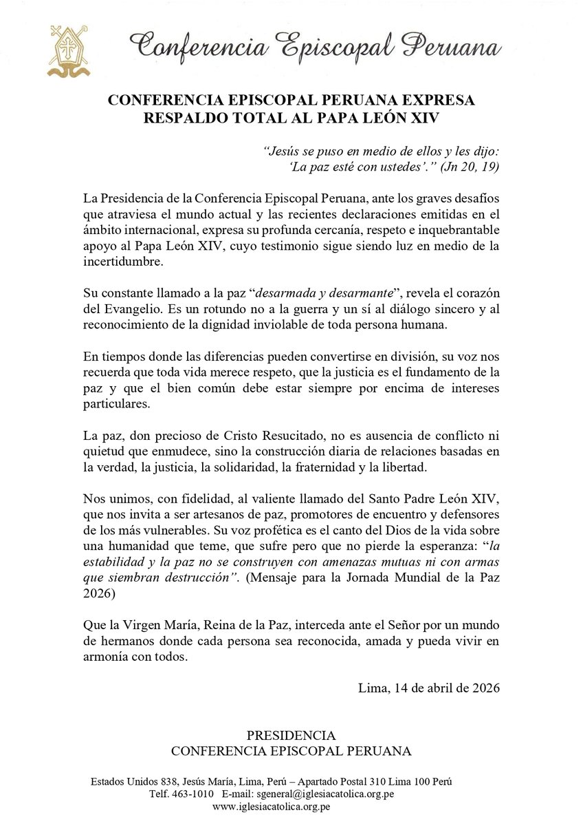 La Presidencia de la Conferencia Episcopal Peruana expresó su respaldo, cercanía y respeto al Papa León XIV frente a los actuales desafíos globales y recientes declaraciones en el ámbito internacional. 

👉Leer la nota: noticias.iglesia.org.pe/conferencia-ep…