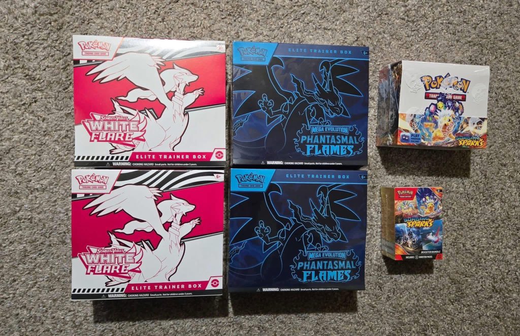 Everything 15-20% below market.

White Flare ETB - $80

Phantasmal Flames ETB - $100

Surging Sparks Booster Box - $210

Surging Sparks Booster Bundle -  $40

#pokemon #prismaticevolutions #CardInvesting #pokemonetb #pokemon #reseller #pokemoninvesting