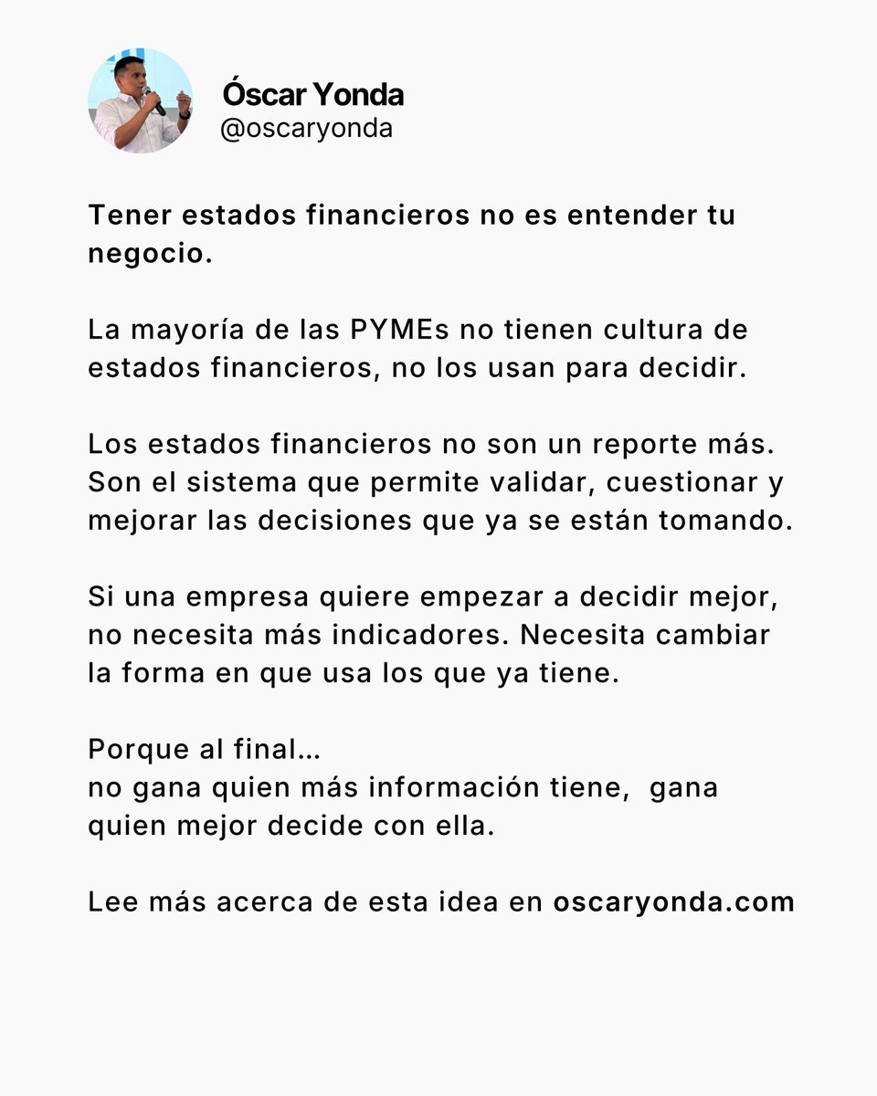 oscaryonda's tweet photo. ¿Para qué sirven realmente los estados financieros?

La mayoría de las PYMEs construye estados financieros, pero rara vez los usa para tomar decisiones. Acá te explicaré por qué ocurre y cómo convertirlos en una herramienta real de estrategia.

https://t.co/SpZ2Tpsy1F https://t.co/TvLAigIo1k