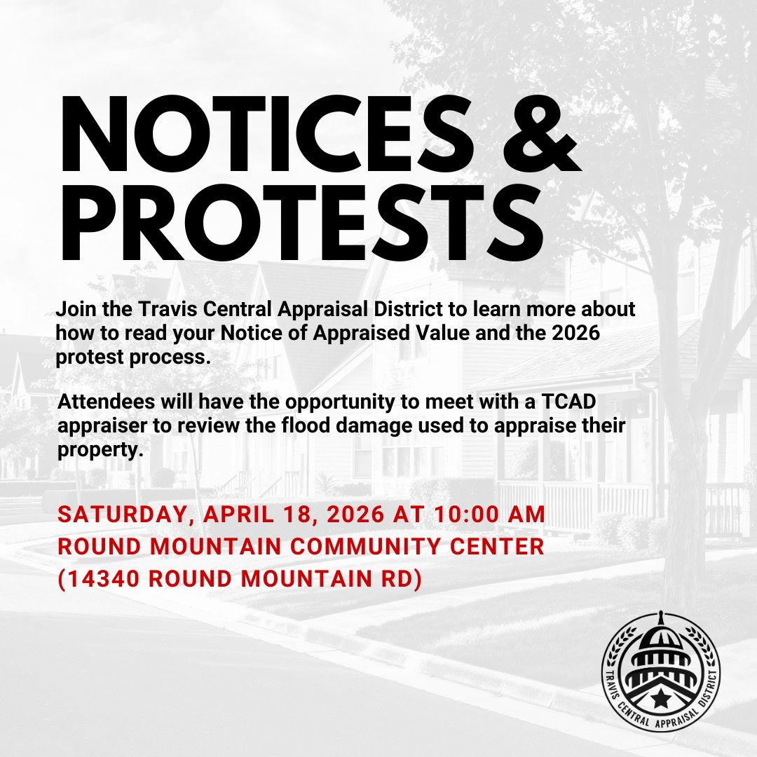 TravisCentralAD's tweet photo. Join us on Saturday in Sandy Creek to learn more about your notice of appraised value and the 2026 protest process. https://t.co/gHmrNi09J4