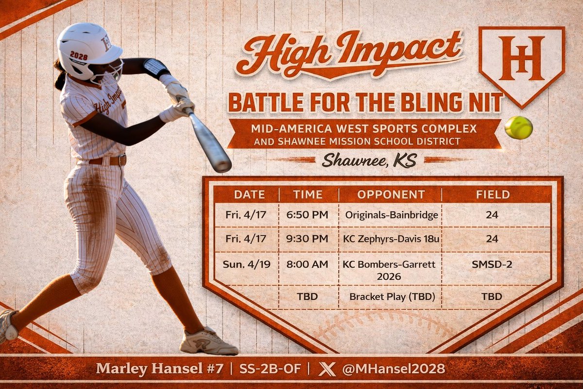 MHansel2028's tweet photo. Excited to compete this weekend at Battle For The Bling in Shawnee, KS with @HI_Fastpitch !  Looking forward to some strong competition.
#ChasingBetter #2028Grad #SoftballRecruit #Uncommitted2028 https://t.co/I0wMcMv4EU