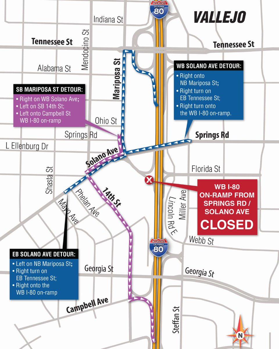 CaltransD4's tweet image. #TrafficAdvisory - 55-hour closure for WB I-80 Springs Road On-Ramp

Caltrans Construction will be continuing updates to traffic signals.

📅April 17 – 19 from 07:00 PM to 05:00 AM

Visit Caltrans QuickMap for 24/7 traffic updates.
