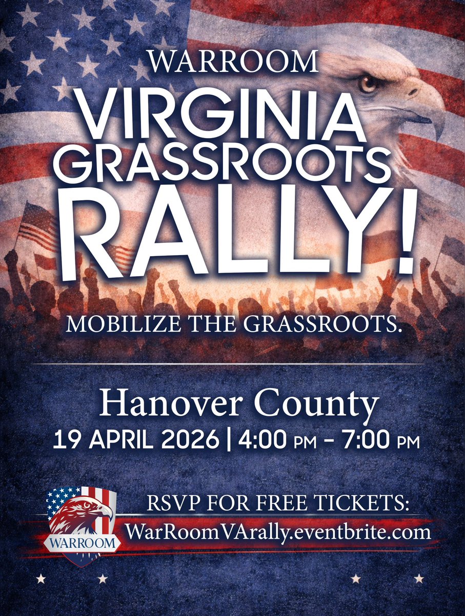 Bannons_WarRoom's tweet photo. Virginia, this is for you. 🇺🇸

This is a THANK YOU to the grassroots fighting to protect your voice from being taken away.

Now we get organized. We talk strategy. We show the country what this movement can do.

Hanover County. April 19 🇺🇸
Free event.

🎟️ https://t.co/s50h3tNHVT https://t.co/dtLo0cvw9i