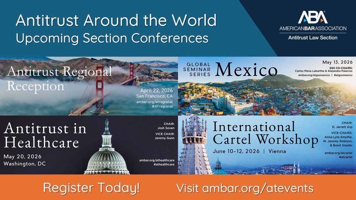 abaantitrust's tweet photo. Excited for so many great ABA Antitrust gatherings over the next two months 😊  https://t.co/hng2Kh2MZJ to join. https://t.co/Xd0HBMZpla