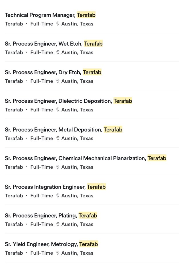 teslayoda's tweet image. ❤️‍🔥HR Update! Tesla is hiring NEW Terafab roles!
- Sr. Process Engineer, Wet Etch
- Sr. Process Engineer, Dry Etch
- Sr. Process Engineer, Dielectric Deposition
- Sr. Process Engineer, Metal Deposition
- Sr. Process Engineer, Chemical Mechanical Planarization
- Sr. Process