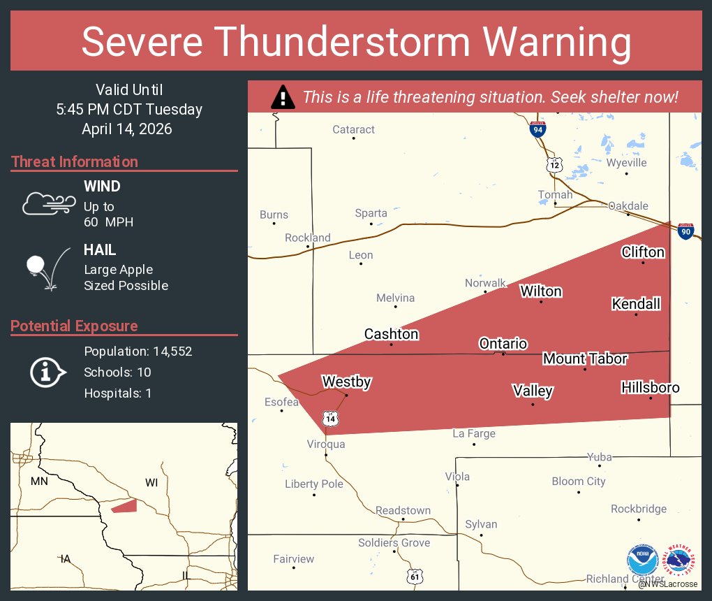 Severe Thunderstorm Warning continues for Westby WI, Hillsboro WI and ...