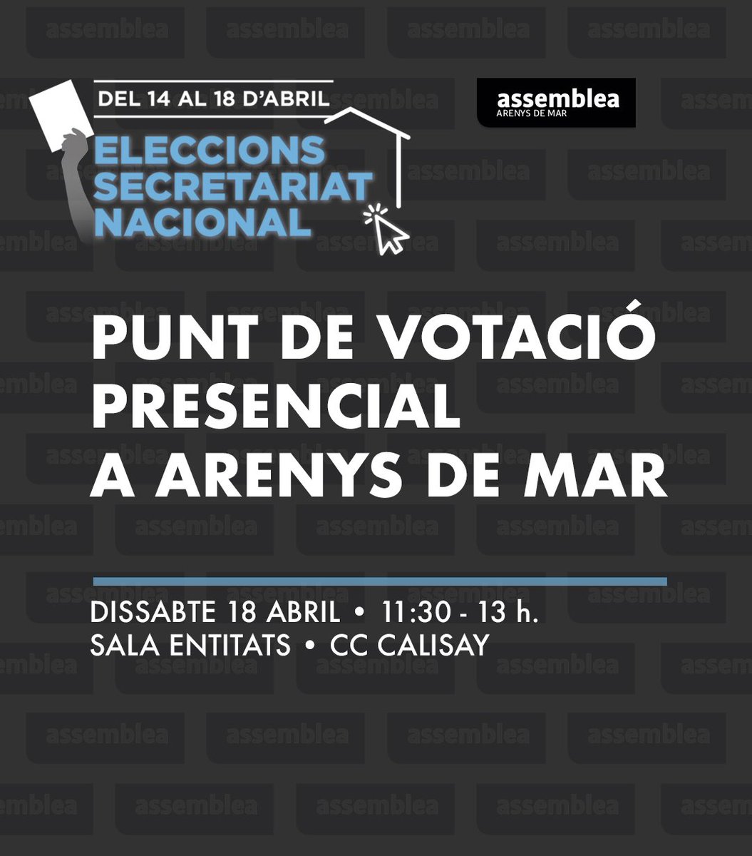 Aquest dissabte 18 d'abril a Arenys de Mar tindrem un punt de votació presencial pels socis que prefereixin fer-ho així.

Dissabte, 18 d'abril entre 2/4 de 12 i 1 del migdia a la Sala d'entitats del CC Calisay.