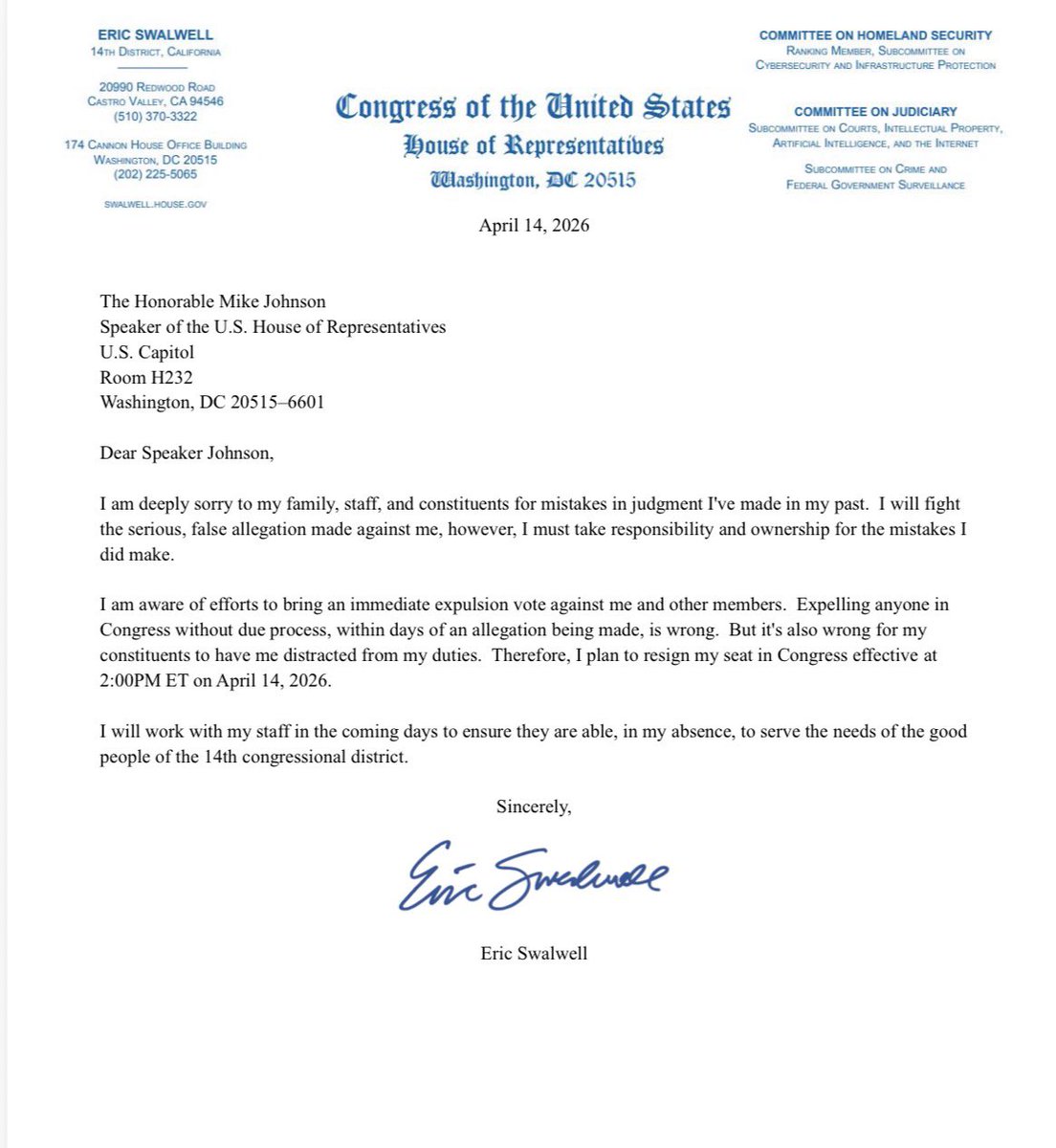JoeKhalilTV's tweet photo. These are the official letters of resignation from Eric Swalwell to Speaker Johnson and Gov. Newsom https://t.co/7mNw5NzN6p