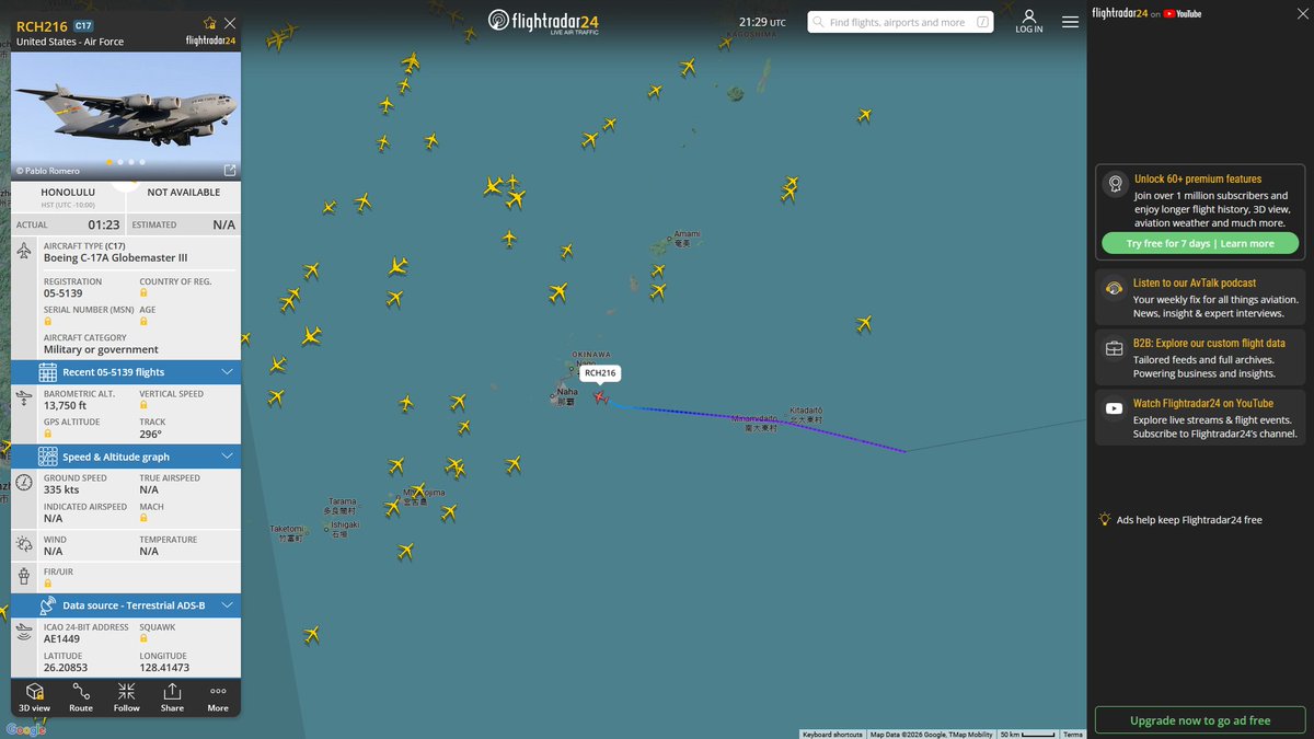 AIYeyENGDdJkjTr's tweet image. Apr. 15, 2026
#Joint Base Pearl Harbor-Hickam, Honolulu ==&amp;gt; #Okinawa Kadena Air Base

#RCH216 #AE1449 USAF C-17A Globemaster III