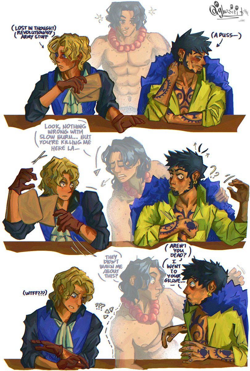 ghosirit's tweet image. I got a few comments about Ace being a menace or Law being able to see him lmao
Adding my own little twist showing how I would think Ace and Law would’ve both come to that realization of Law’s little gift lol 
-
#ONEPIECE #law #trafalgardwaterlaw #ace #portgasdace #sabo #sabolaw