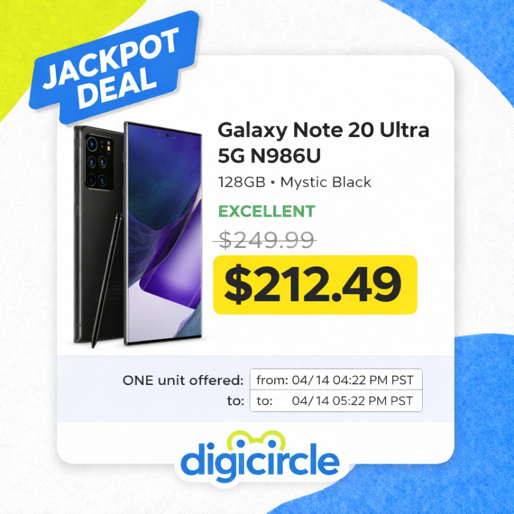 digicircle's tweet photo. 🚨 Jackpot Deal Alert  
Galaxy Note 20 Ultra for $212.49  
128GB • Mystic Black 
EXCELLENT Condition 1 unit only 
4/14 4:22 PM – 5:22 PM PST  
https://t.co/WAgk5UhrZy https://t.co/NunQo5yQsi