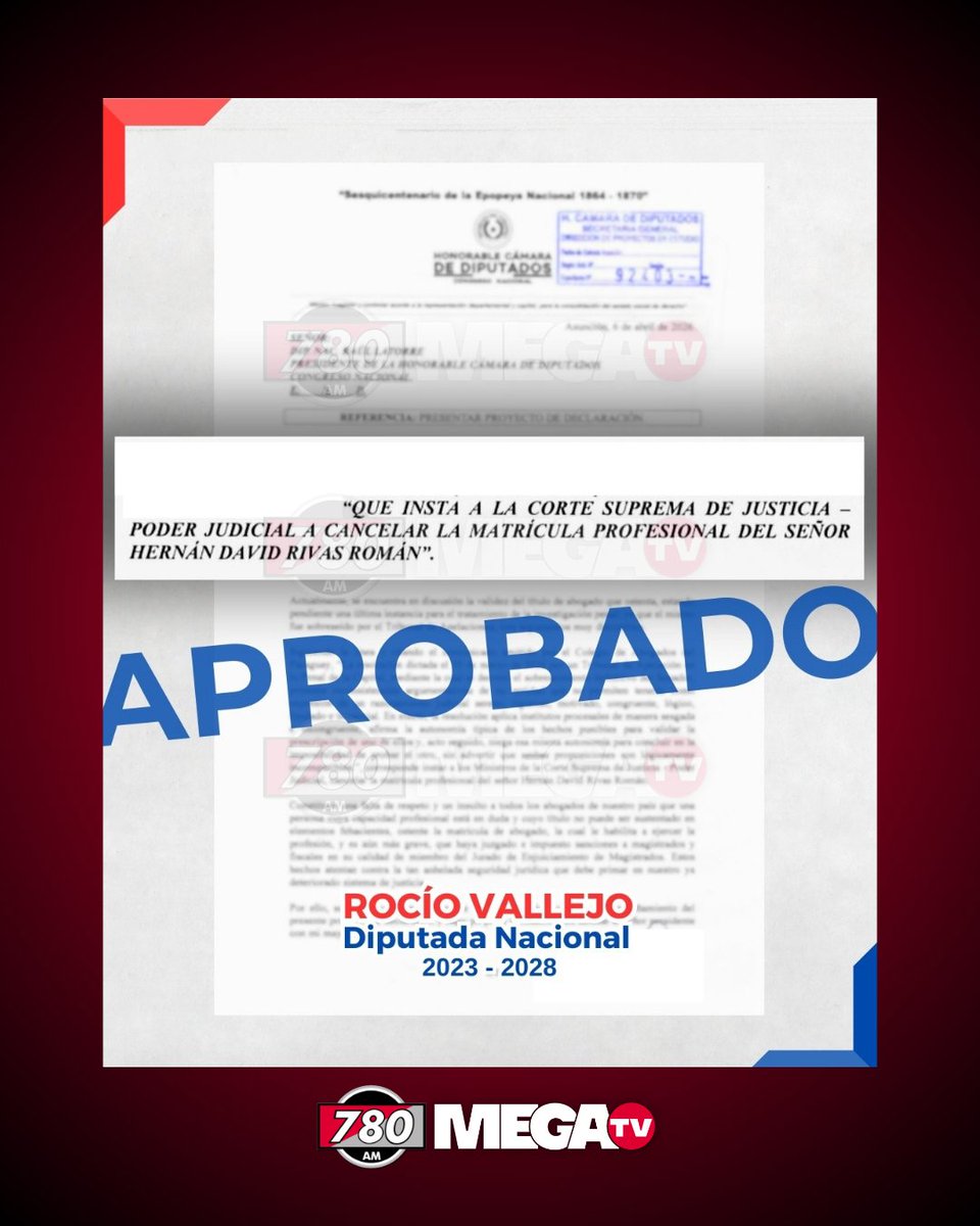 🔴DIPUTADOS APRUEBAN RESOLUCIÓN QUE INSTA A LA CORTE A CANCELAR MATRÍCULA DE HERNÁN RIVAS.

➡️La Cámara de Diputados aprobó una resolución que insta a la Corte Suprema de Justicia a cancelar la matrícula de abogado de Hernán Rivas, en una decisión impulsada en el pleno