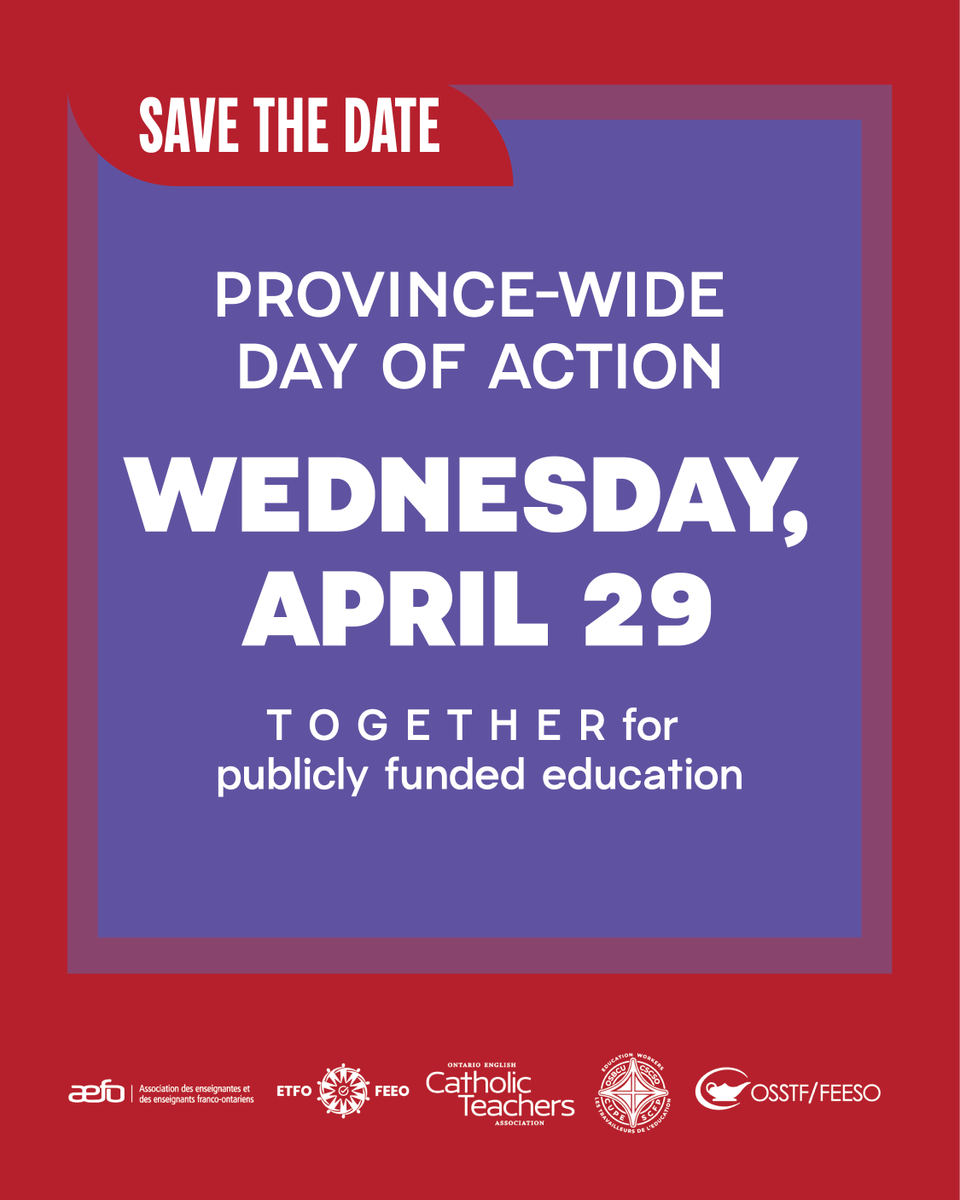 osstf's tweet image. Teachers and education workers across Ontario are coming together.

After a week of announcements that ignore underfunding, rising violence, and growing class sizes, our message is clear: we need real investments in our schools, not governance changes that miss the mark.

📆