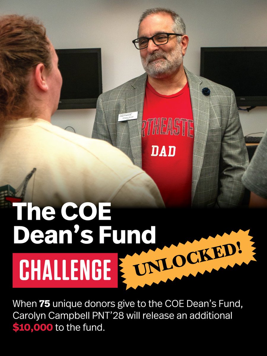 NortheasternCOE's tweet photo. With more than 75 unique donors to the COE Dean’s Fund, Carolyn Campbell PNT’28 has released an additional $10,000 to the fund — 🔓 Challenge UNLOCKED!
 
Thanks for supporting the College of Engineering!
 
🔗 https://t.co/gf8Pgdn2fL
 
#NUGivingDay #nucoe https://t.co/nqyXC6jQ9Y