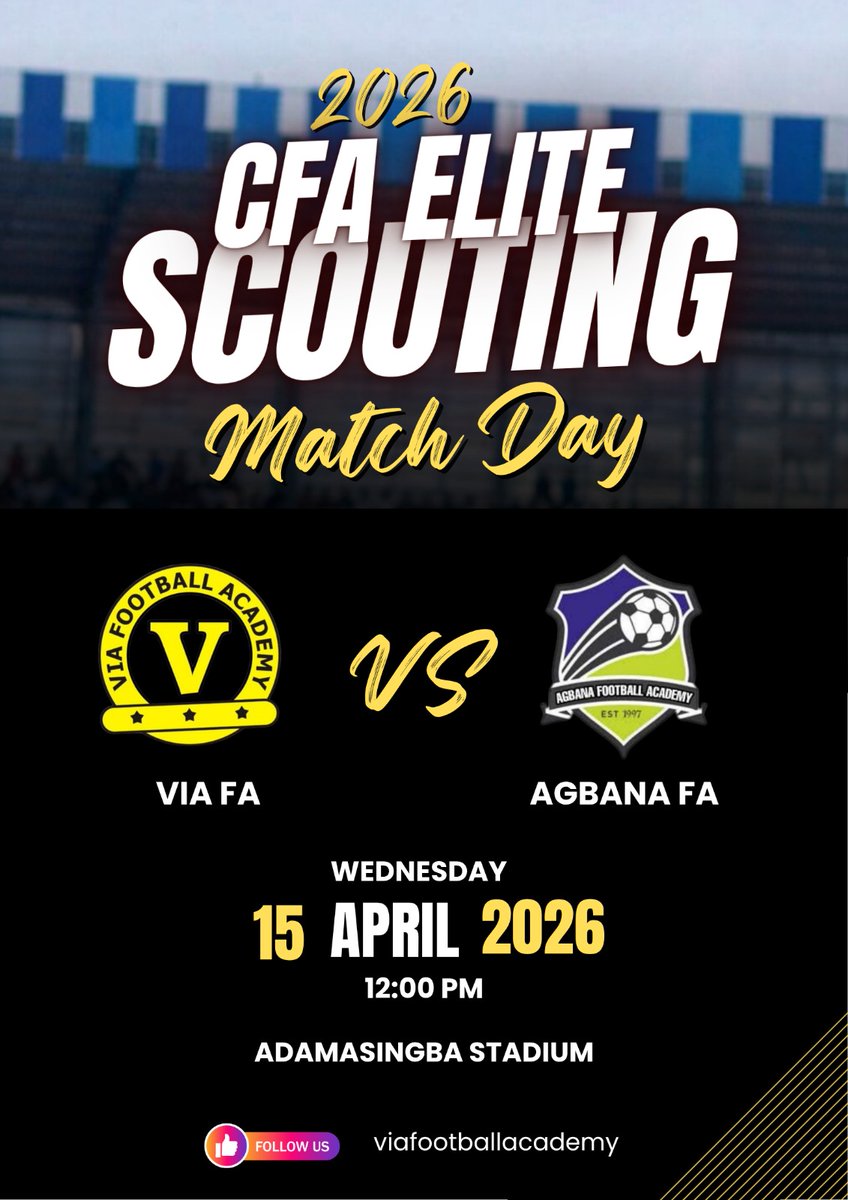 VIA_FA_'s tweet photo. A matchup made for the big stage.

VIA FA will be facing AGBANA FA in the CFA ELITE SCOUTING PROGRAM tomorrow at the Lekan Salami Stadium, Adamasingba.

See you there. https://t.co/q9pHDRiAjK