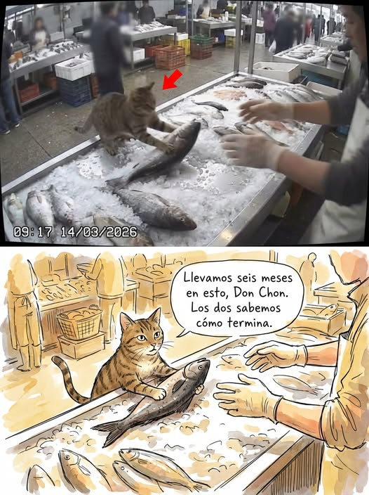 icardo8's tweet image. Lleva seis meses robándole pescado a Don Chon todas las mañanas y Don Chon lleva seis meses sin poder hacer nada al respecto. 😹

El gato apareció en el mercado hace casi un año, se instaló entre los puestos como hacen los gatos de mercado, y en algún momento identificó que el