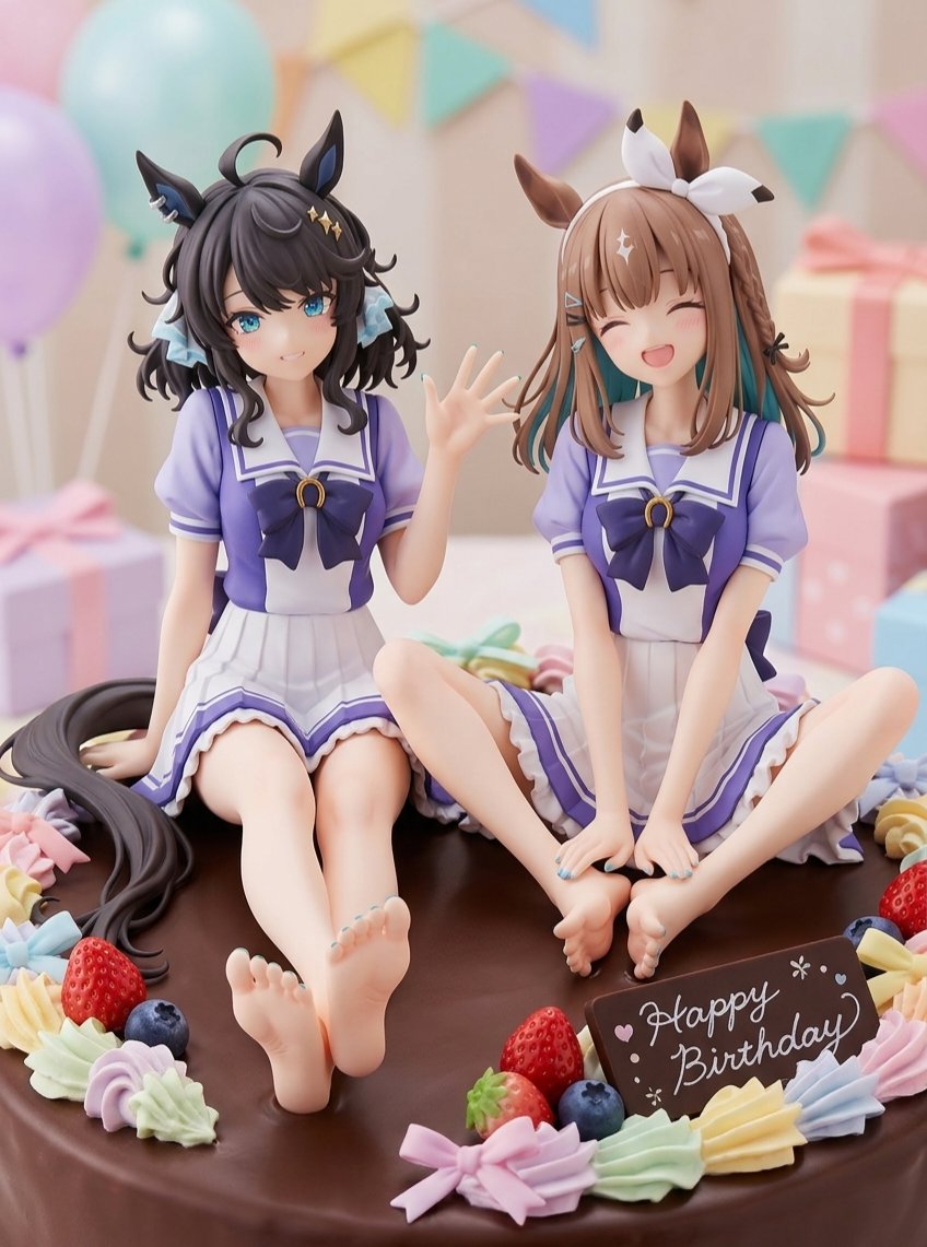 am0_ai's tweet photo. おはようございます☀️
本日4月15日はタクトちゃんのお誕生日！
バースデーケーキの上に座るフィギュア化させたタクトちゃんとアイちゃん（構図的にシュガークラフトにも見えるかも💦）
Happy Birthday, Tact-chan🎉
#ウマ娘 #umamusume
#デアリングタクト ／アーモンドアイ https://t.co/K9GfF00py0