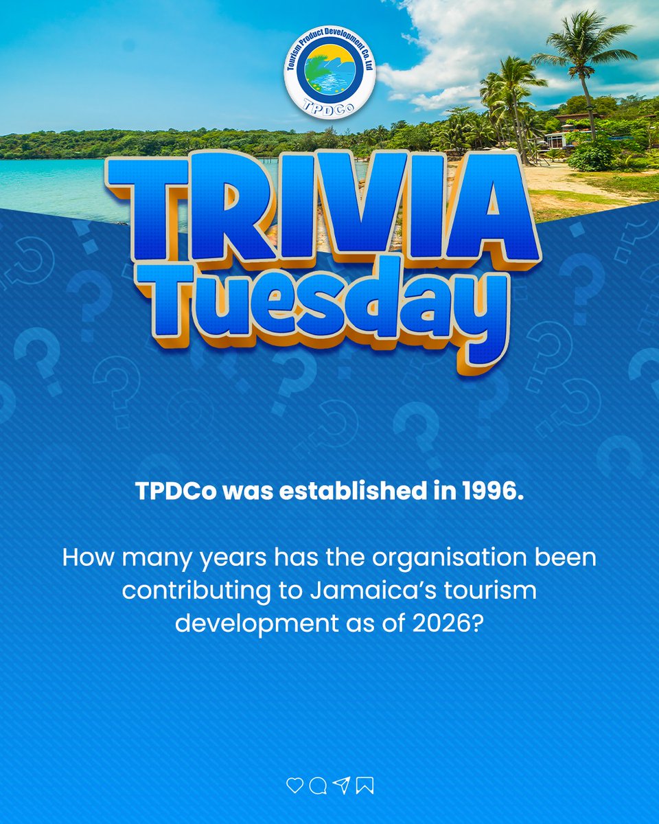 tpdcoja's tweet image. #TriviaTuesday

TPDCo was established in 1996… but how many years has it been shaping Jamaica’s tourism product as of 2026? 🤔

Drop your answer below ⬇️ and let’s see who’s been paying attention! 💡✨

#TriviaTuesday #TPDCoja #TourismMatters #JamaicaTourism #DidYouKnow #TPDCoJA