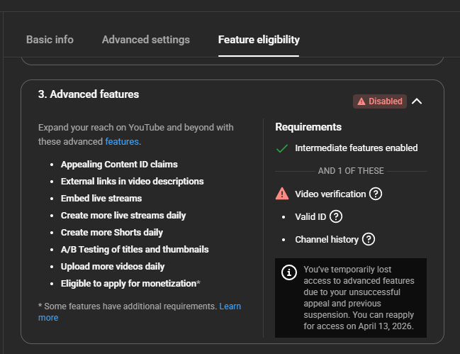 ersinakyuz's tweet photo. Hi @TeamYouTube,

My chan. is ~10 yrs old,  phone verified, and contains only IT content.

My Advanced Features access was removed due to an “unsuccessful appeal”, and I was told I could reapply on April 13. It’s now 15 April, and I still can’t verify

Could you please check?
Thx https://t.co/K9plSkPeSw